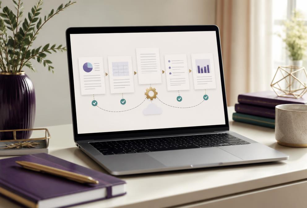 Laptop displaying an organized digital business workflow