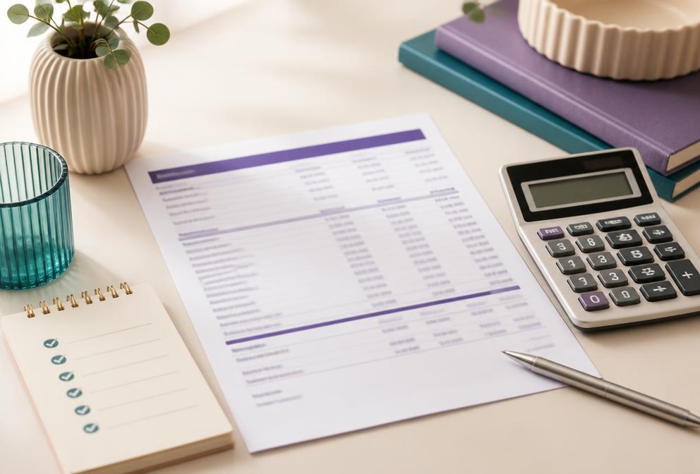Bank statement, calculator, and checkmark list on an ivory desk