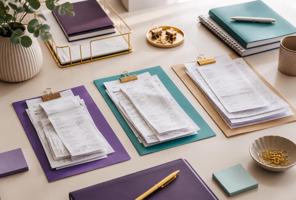 Receipts sorted into organized color-coded groups