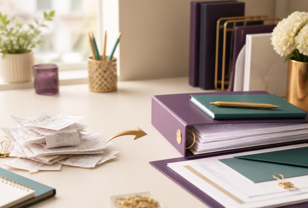 Loose receipts organized into a neat bookkeeping binder
