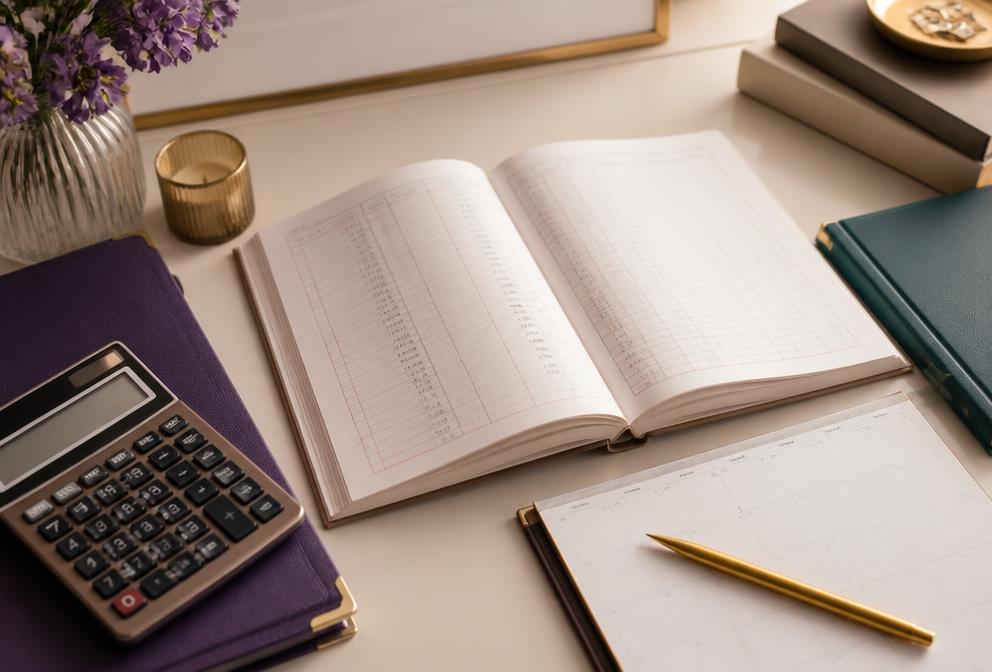 Organized ledger, calendar, and calculator on a tidy desk