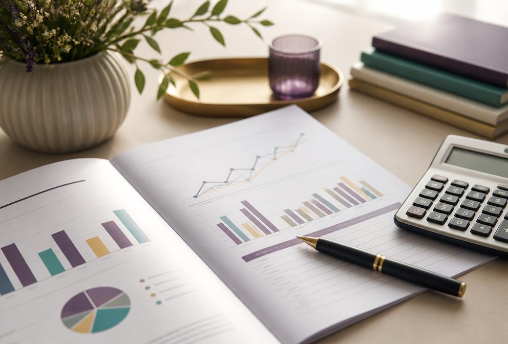 Financial charts and reports arranged on a desk